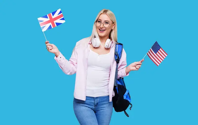 Student girl holding a British and American flag