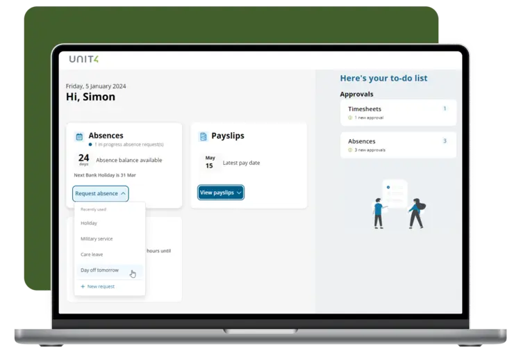 Screenshot showing how to plan and request absences in Unit4 HCM