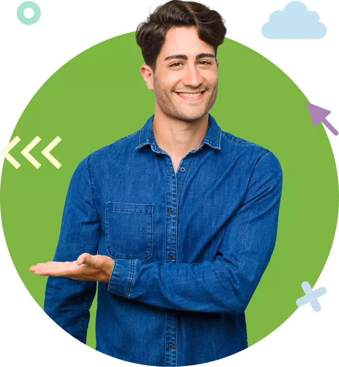 Man in blue shirt smiling, on green circle background