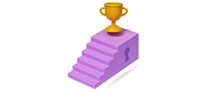 Escalier violet avec un trophée au sommet