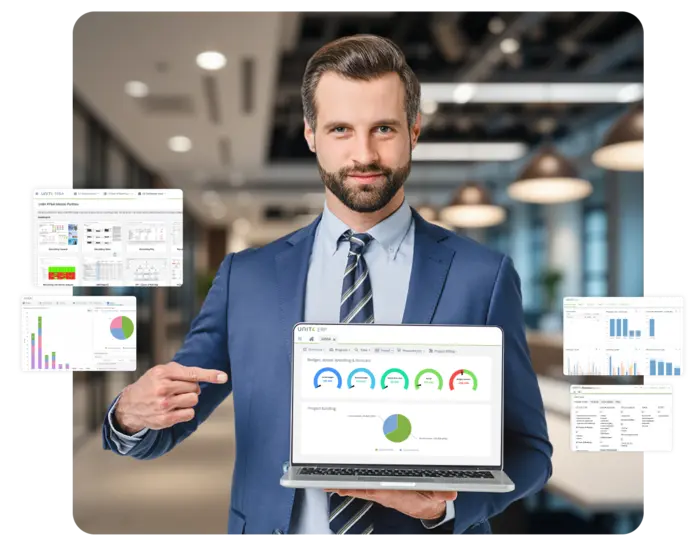 Man pointing to screenshots showing sample dashboards from Unit4's main products