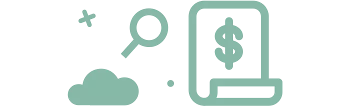 ERP financial management icons - magnifying glass, cloud, bill with dollar sign