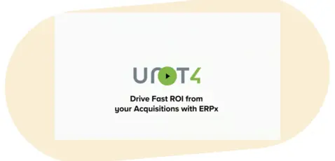 UNIT4 logo with a play button, promoting fast ROI from acquisitions using ERPx. 
