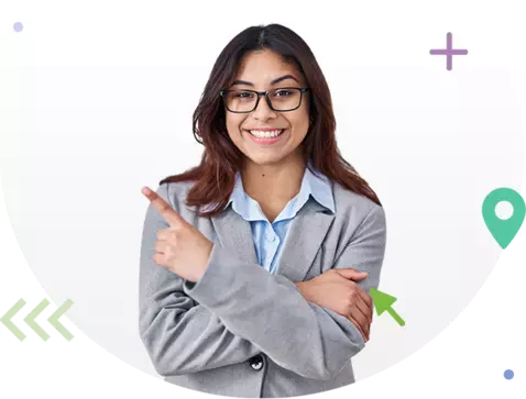 woman pointing and smiling