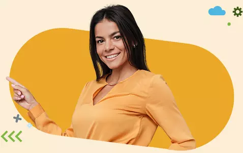 woman pointng with orange backgroung