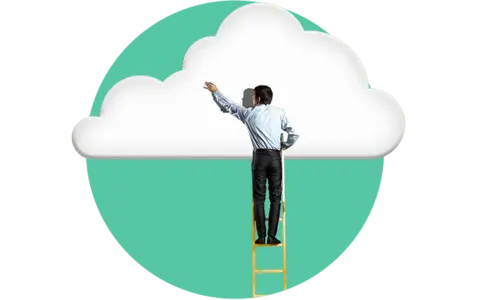 A man in a shirt standing on a ladder reaching up to a large white cloud. 