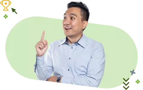 men pointing to a cup