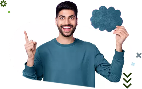 men with blue cloud pointing