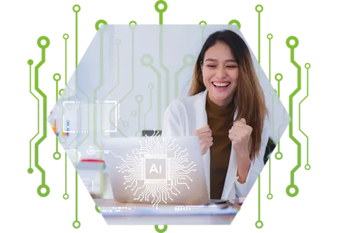 A happy woman with long hair sits at a laptop, celebrating. Circuit patterns surround her. 
