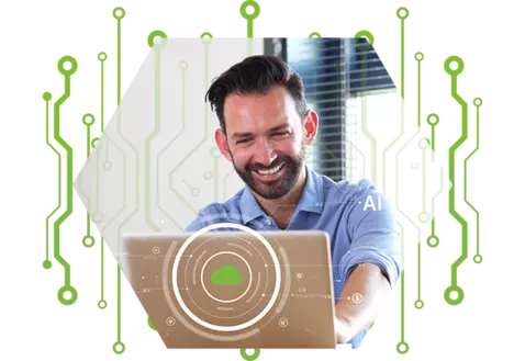 men smiling to a laptop