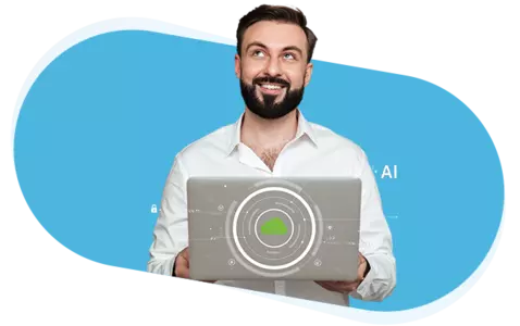 A man with a beard holds a laptop displaying a green cloud logo and tech graphics against a light blue background.