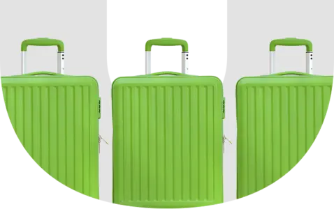 Three green hard-shell suitcases lined up against a light blue background. 