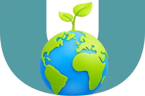 A cartoon Earth with green continents and a small plant sprouting from the top. 