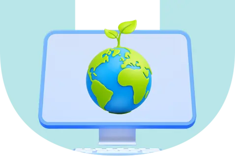 A computer monitor displays a green Earth with a sprout on top. 