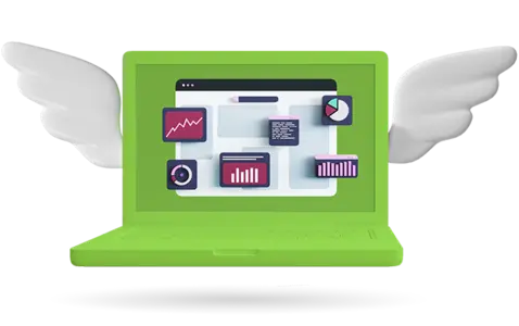 A green laptop with wings symbolizes dynamic data visualization.