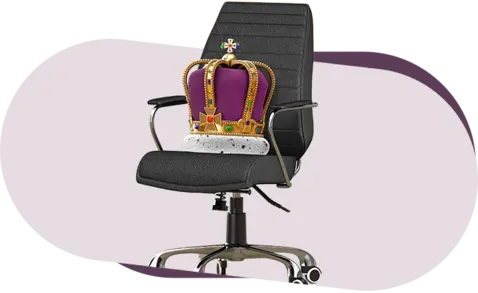 A modern office chair with a royal crown on top, featuring purple and gold colors. 