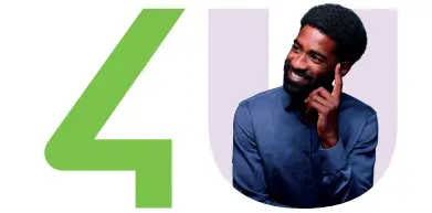 A smiling man with dark, curly hair touching his chin, next to a large green number 4. 