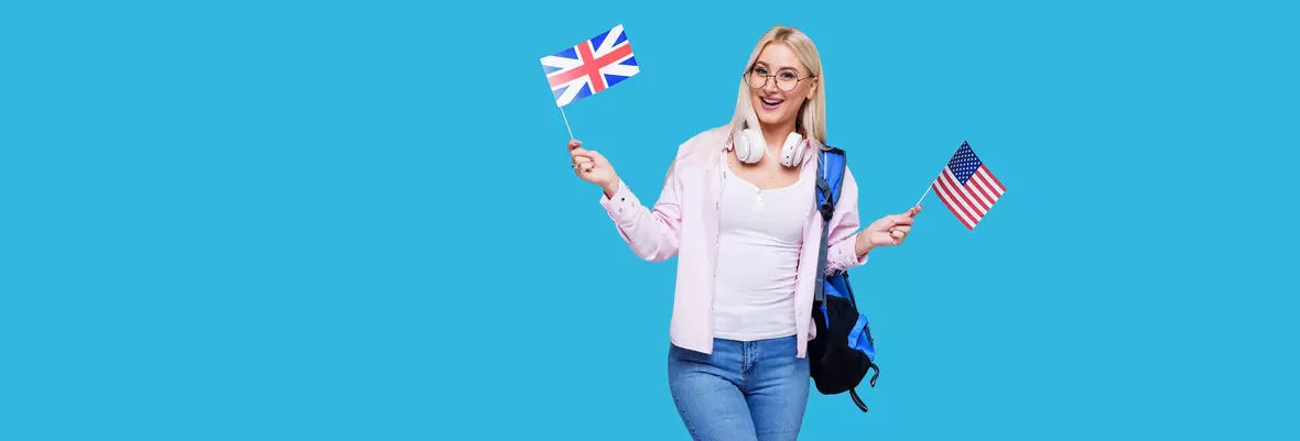Student girl holding a British and American flag