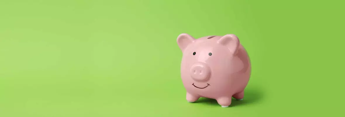 a pink piggy bank with a green background. The piggy bank has a smile on its face