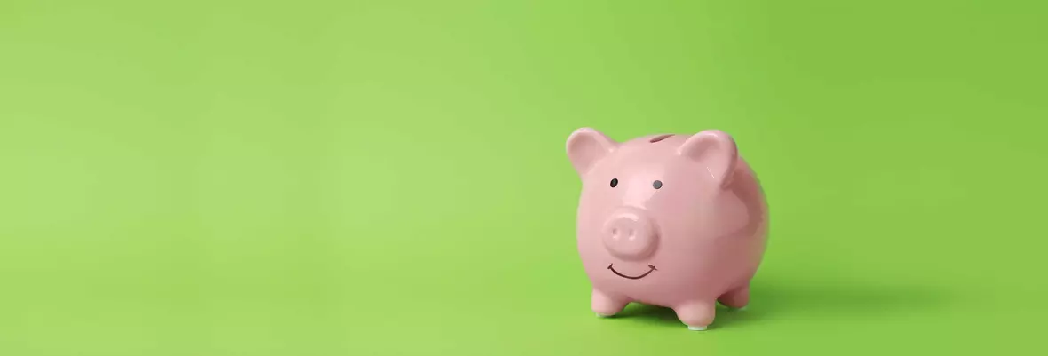 a pink piggy bank with a green background. The piggy bank has a smile on its face