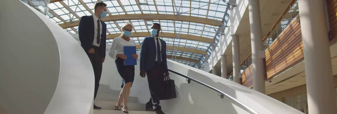 people walking on stairs, face masks