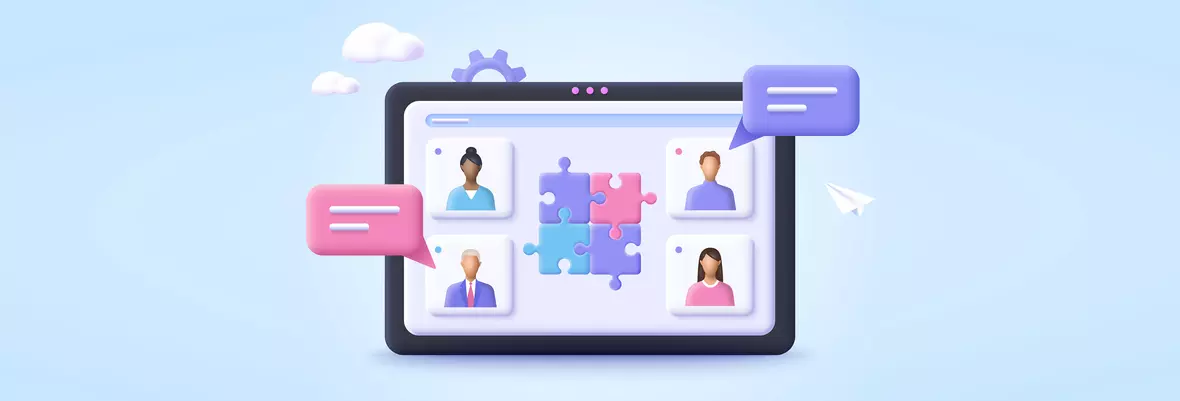 screen with profiles, speech bubbles, puzzle pieces, clouds, paper plane