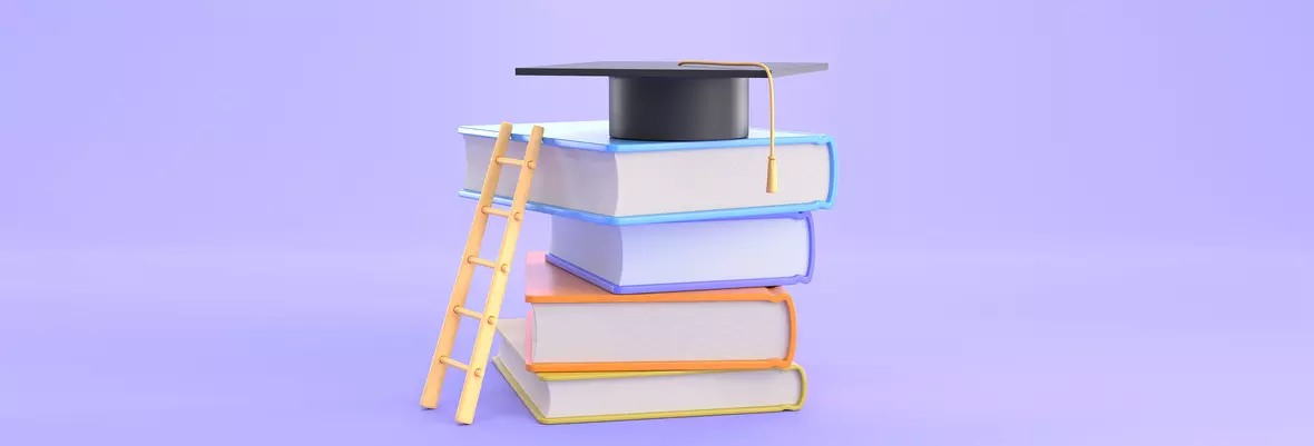 book pile, graduation hat, ladder