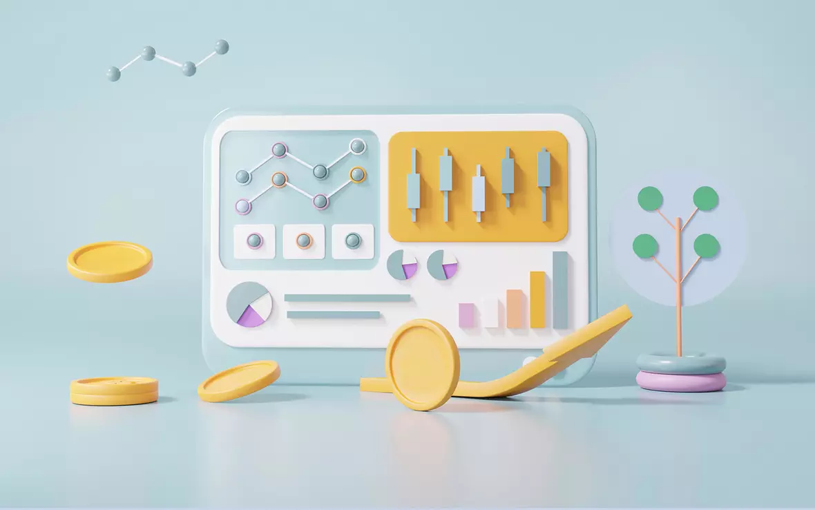 pie charts, coins, tree, graphs