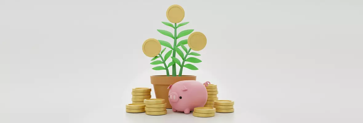 piggy bank with money and flowers