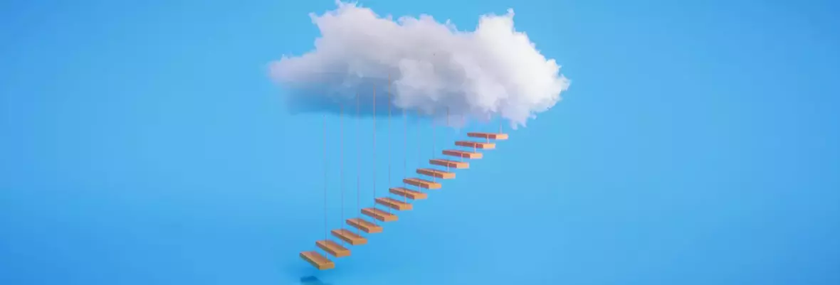 Steps hanging under a cloud on light blue background