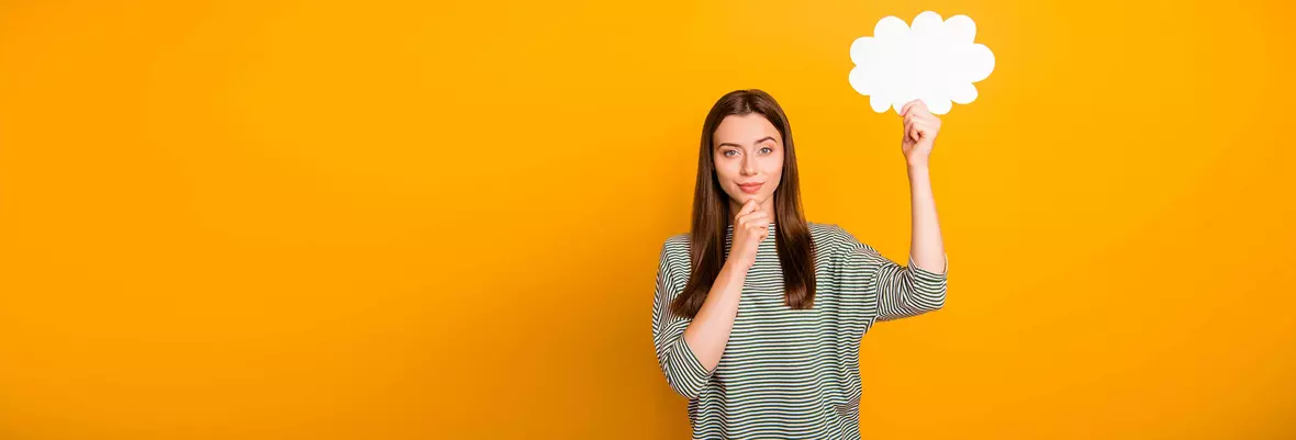 Woman holding a card board cloud