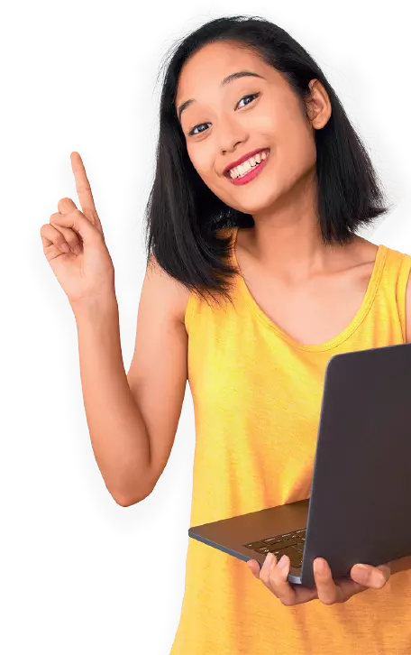 Woman with laptop pointing upwards