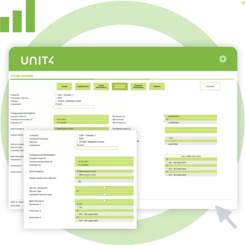 Skärmbild som visar IFRS 16-funktionerna i Unit4 FP&A