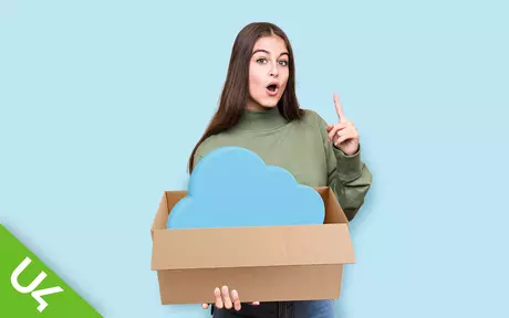 Woman holding a cloud in a box and pointing up