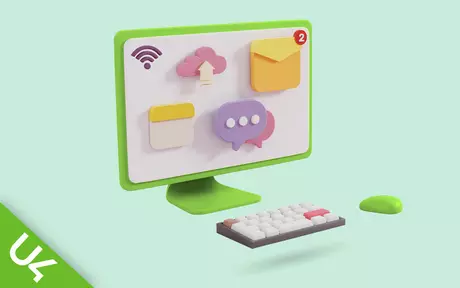 3D image of a computer with different icons on the screen