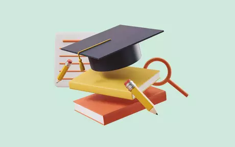 Academic-themed illustrations, including a mortar board, pencils and books