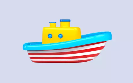 Illustrasjon av en leketøysbåt med et skrog med røde og hvite striper