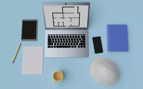 laptop, ipad, construction hat, notebook, coffee