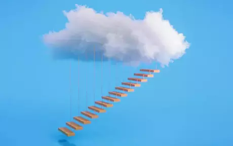 Steps hanging under a cloud on light blue background