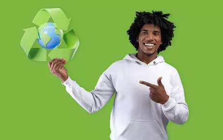 guy pointing to recycle symbol