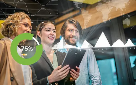 Three people looking at a tablet, with charts and a 75% progress indicator overlay.
