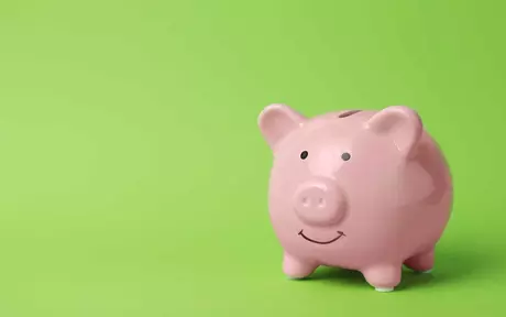 a pink piggy bank with a green background. The piggy bank has a smile on its face