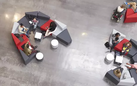 Aerial view of students in a modern university building