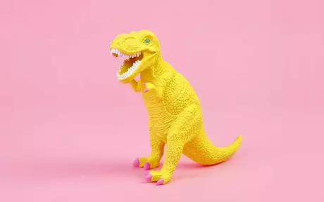 a yellow dinosaur toy on a pink background
