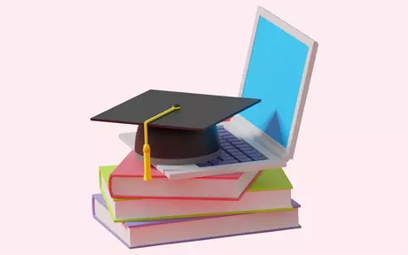 Illustration of a mortar board on top of a laptop and books