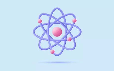 Tyylitelty kuva atomista, jonka ydintä kiertävät elektronit.