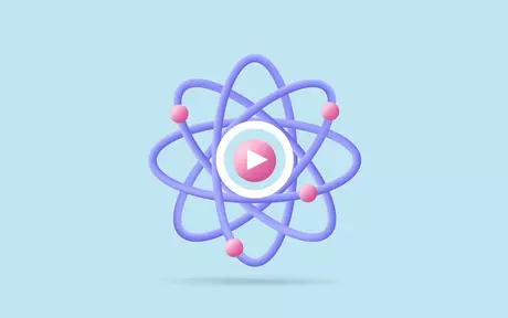 Stylized image of an atom with a Play button on it